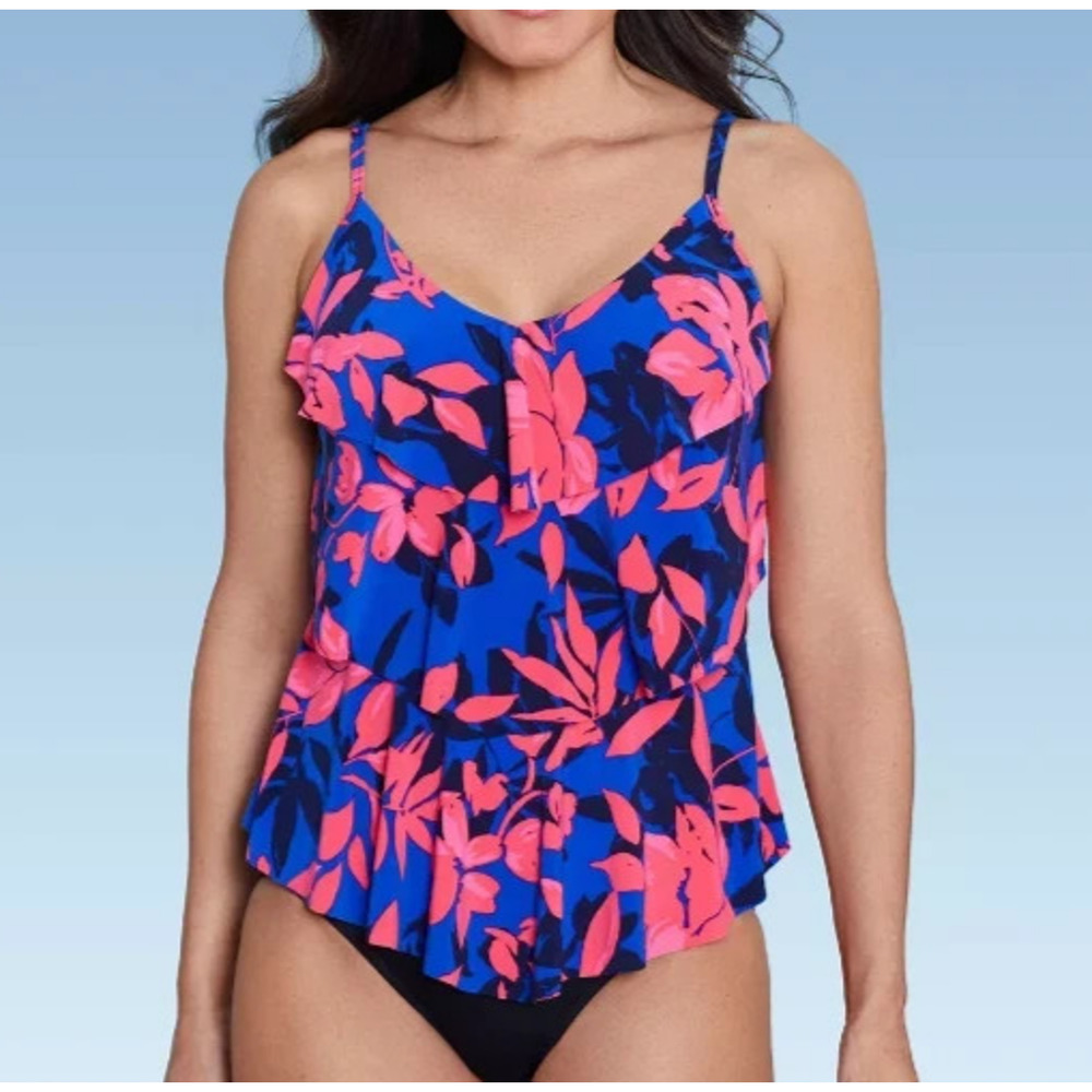 Aqua Green Size Medium Floral Print Tiered Tankini Swim Top Pink Blue